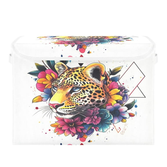 Storage Box With Lid 16.5x12.6x11.8In Foldable Stacked Household Storage Box Colored Art Leopard