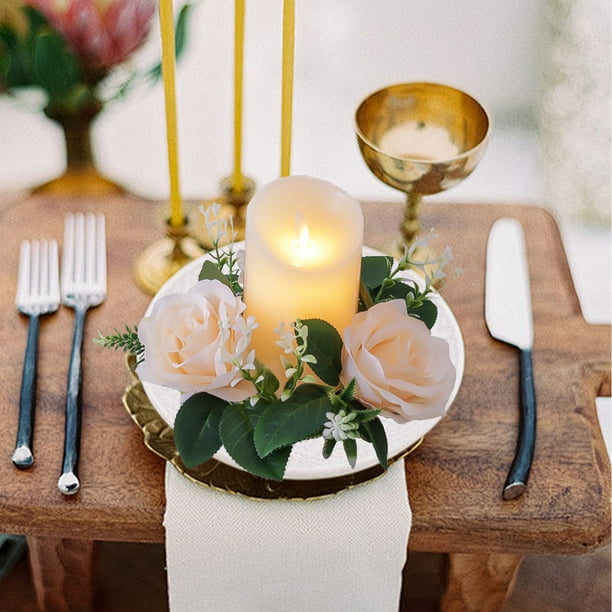 Xihbxyly Corona de Rosas con Velas, Aro de Flores de Seda con Hojas, Decoración Floral Amarilla, Elegante Centro de Mesa para Bodas y Fiestas de San Valentín, Compatible con La Mayoría de Velas, Tama