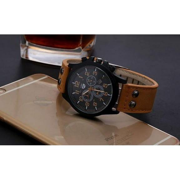Ausyst Men's Watch Military Leather Date Quartz Analog Men's Quartz Wrist Watches Watches for Men