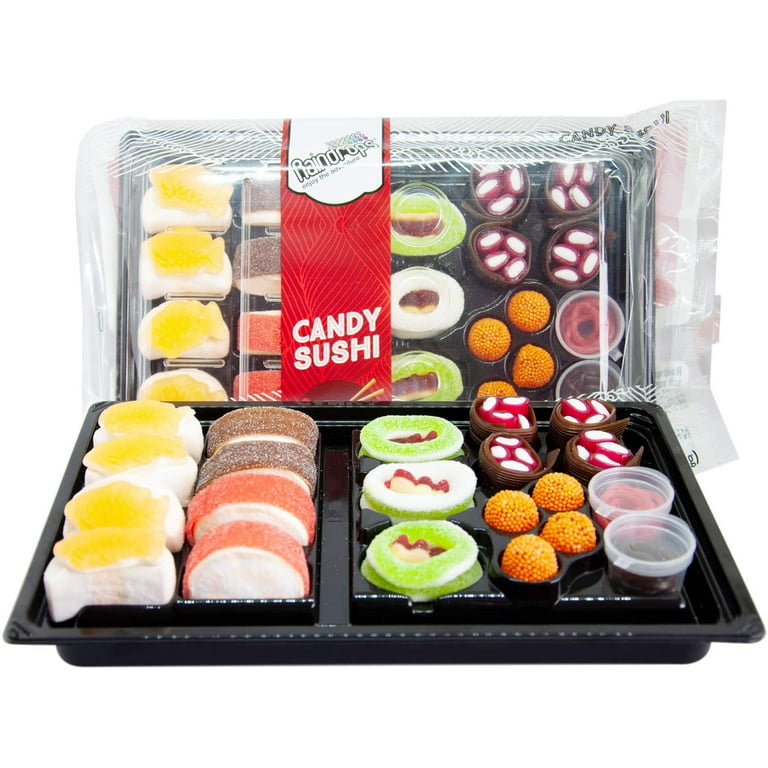 Raindrops Gummy Candy Sushi Bento Box with 6 Kinds of Sushi Rolls and  Garnishes - 1 Tray with 21 Sushi Bites of Marshmallows, Licorice, Sour  Strips, Gummi Bears and Fish - Fun