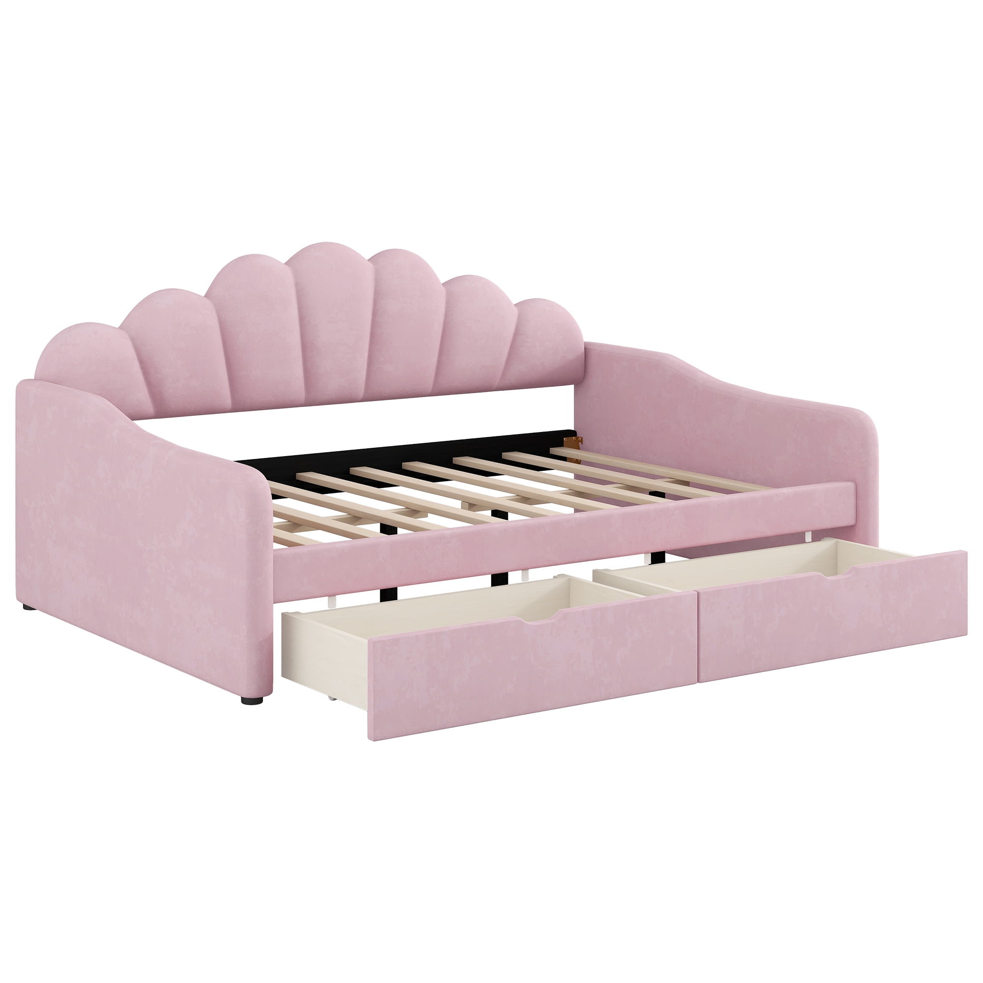 EUROCO Upholstery Full Size Platform Bed, Upholstered Daybed with Headboard and Drawers, Pink