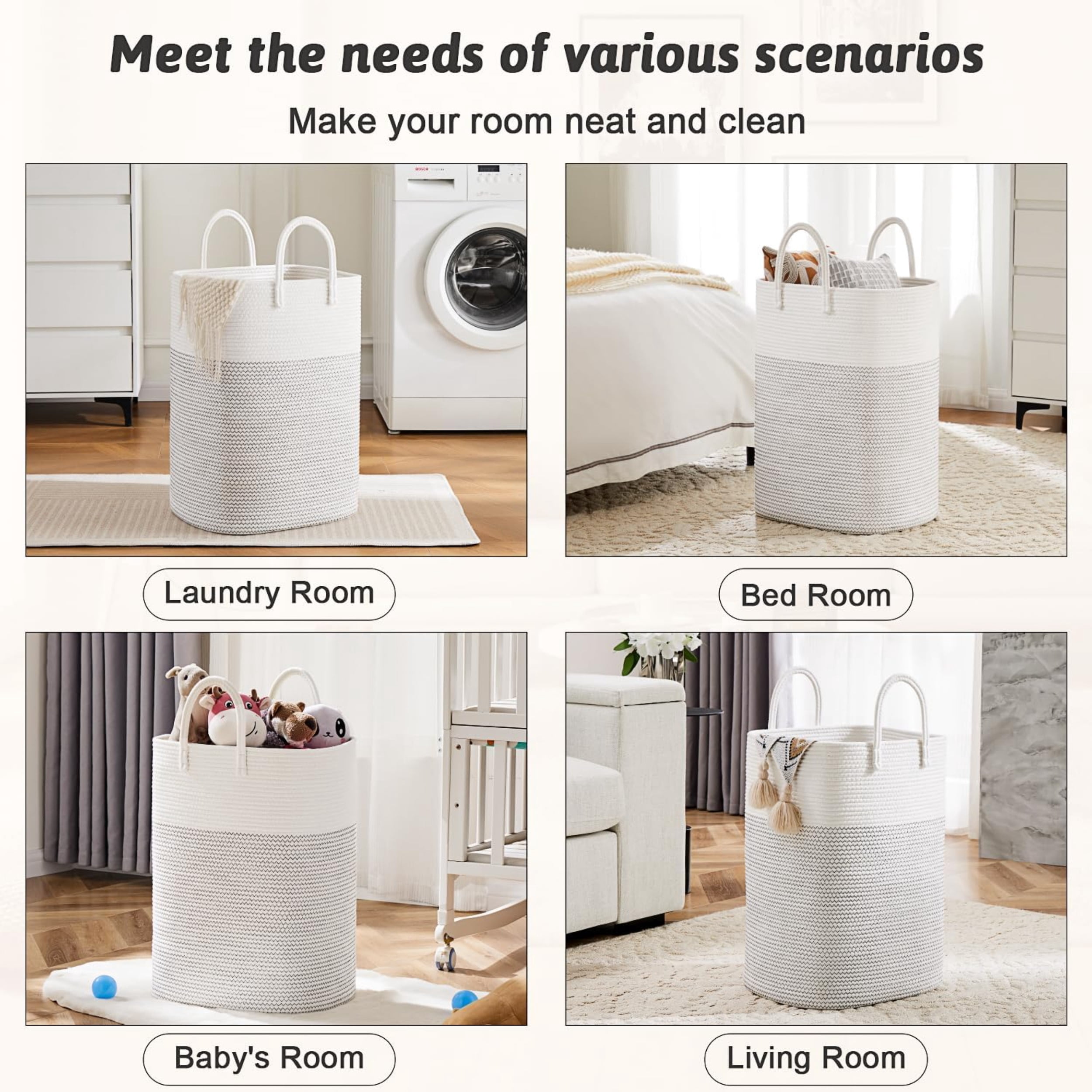 Laundry Basket, Woven Cotton Rope Laundry Hamper, Versatile Storage for Dirty Clothes, Baby Toys, and Blankets in Bathroom, Nursery, and Living Room
