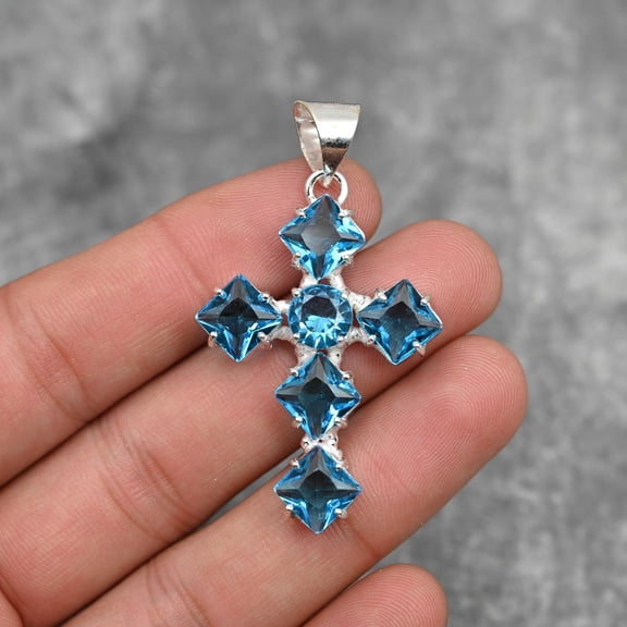 Blue Topaz Pendant 925 Sterling Silver Polished Pendant Blue Topaz Gemstone Cross Pendant Handmade Jewelry Blue Topaz Jewelry Christmas Gift for Her
