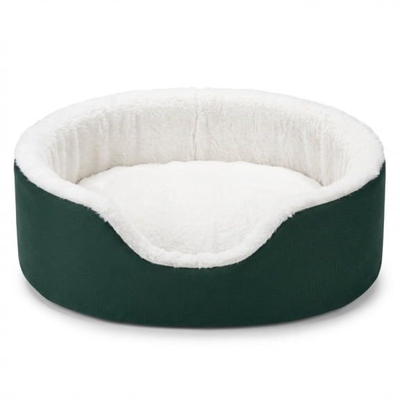 Oval Pet Bed with Premium Faux Fur Lining and Durable Canvas Exterior, Green and White, 19x18x8 Inches