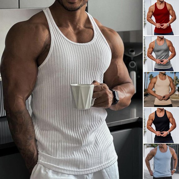 sunsanly O-Neck Sleeveless Racerback Men Vest Summer Ribbed Solid Color Fitness Vest Top