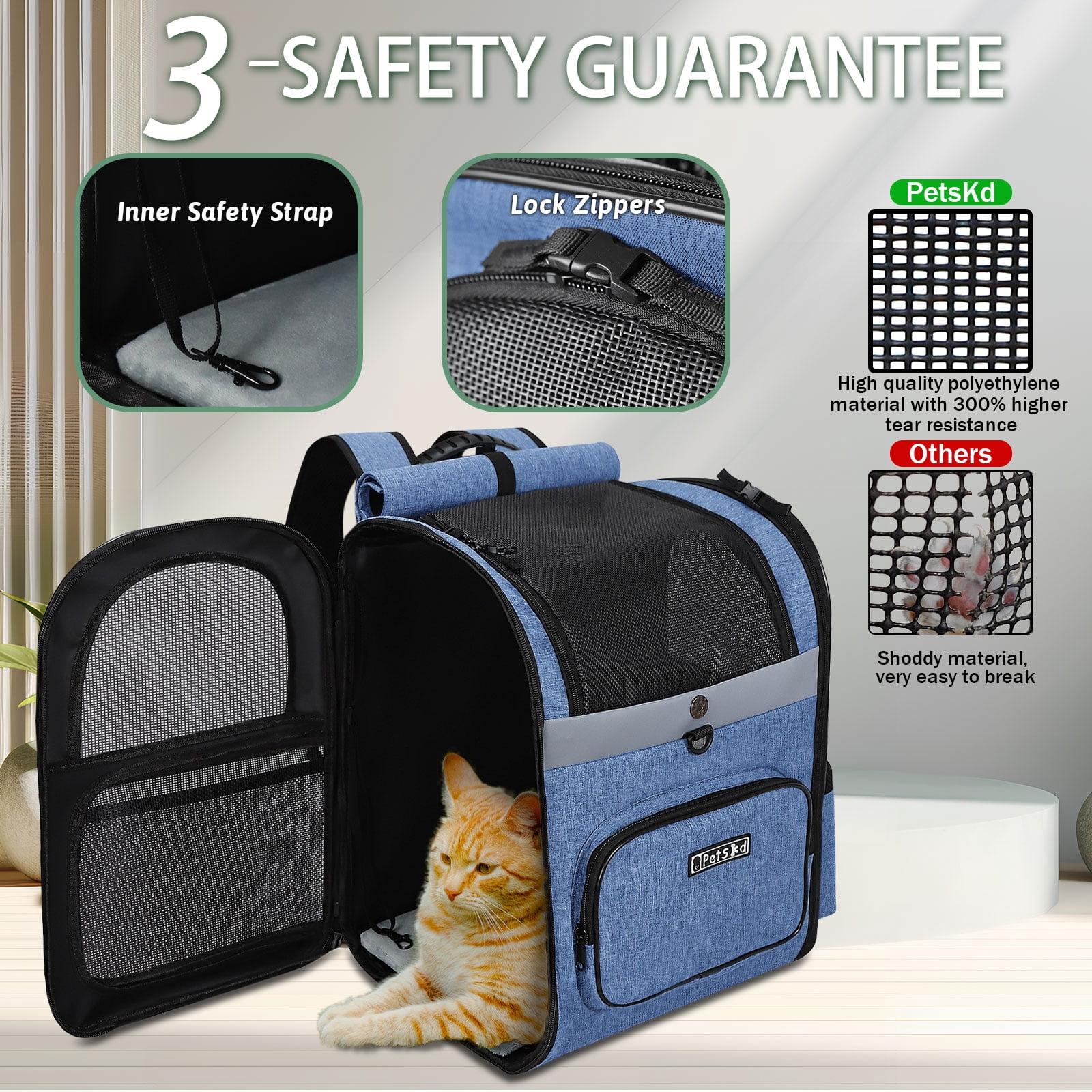 PETSKD Pet Carrier Backpack for Dogs Cats, 13x11x16.5 inches Outdoor Travel Backpack with with Safety Lock Zipperl, Large Space Foldable Backpack for Pets Under 20 lbs, Blue