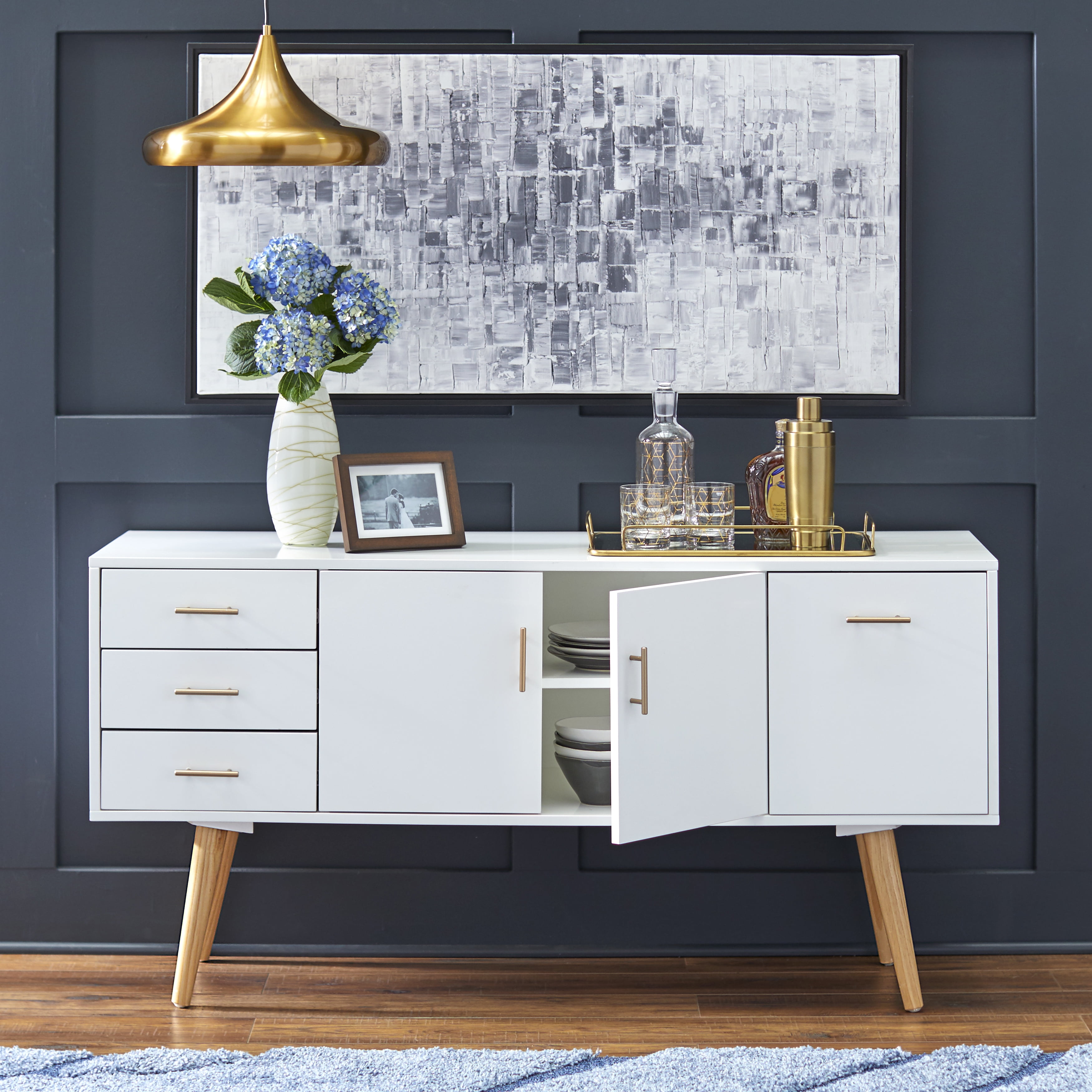TMS Maura Mid-Century Modern 56” Wide Dining Room Sideboard Buffet, White Finish