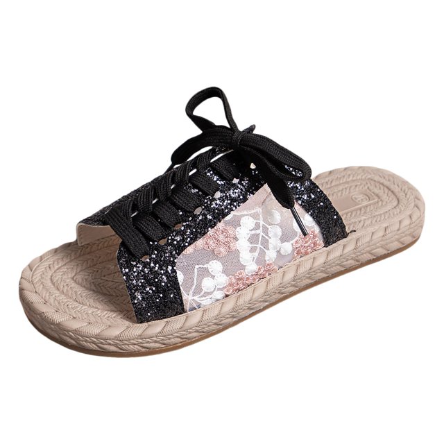 IUJSOY Straw Slide Sandals for Women Open Toe Lace up Mesh Embroidery Band Slip on Summer Flats