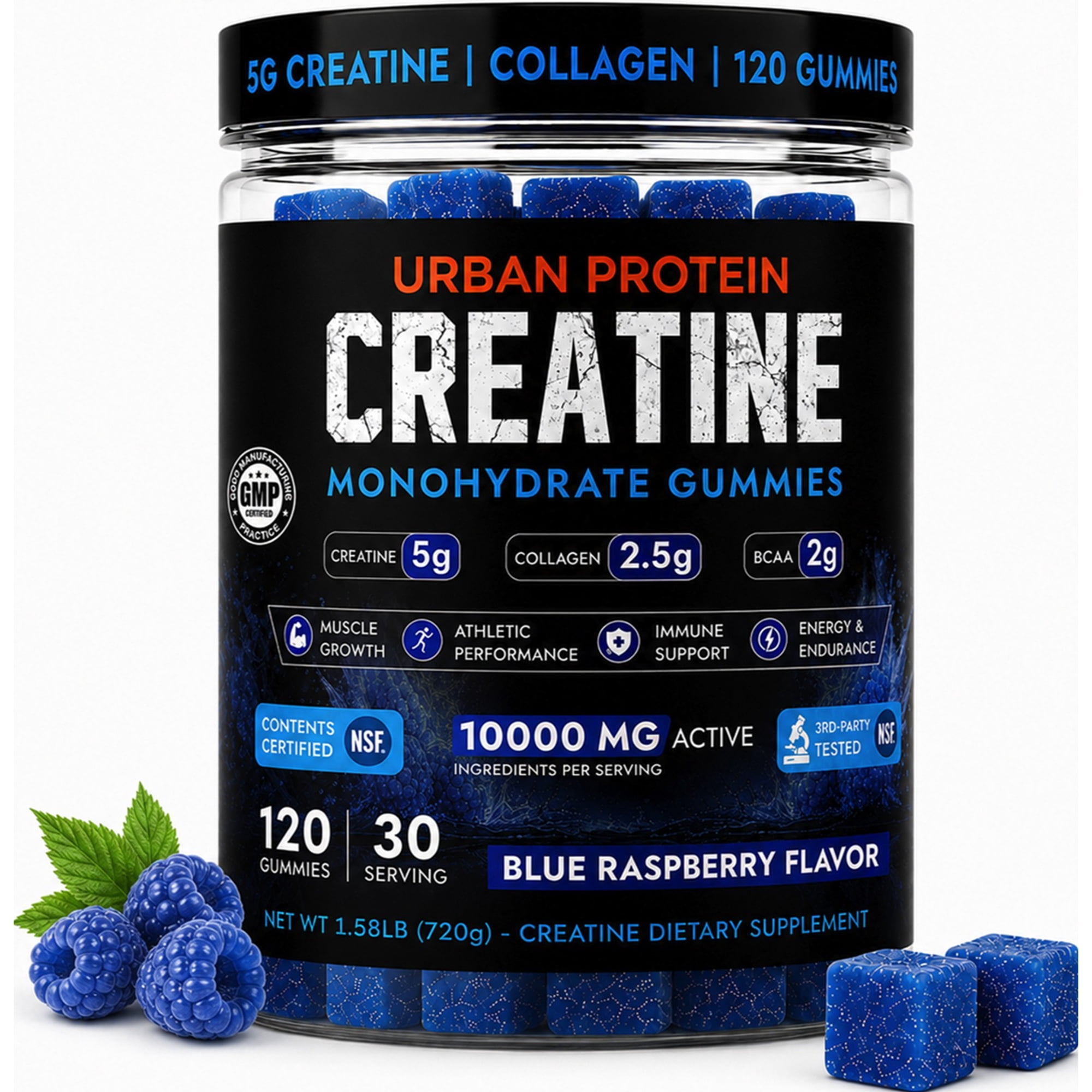 Creatine Monohydrate Gummies 5g for Men & Women| Creatine Gummies with Collagen & BCAA| NSF Certified| Sugar Free| Non-GMO| Muscle Growth| Strength| Women's Fitness Goals| Blue Raspberry| 120 Gummies