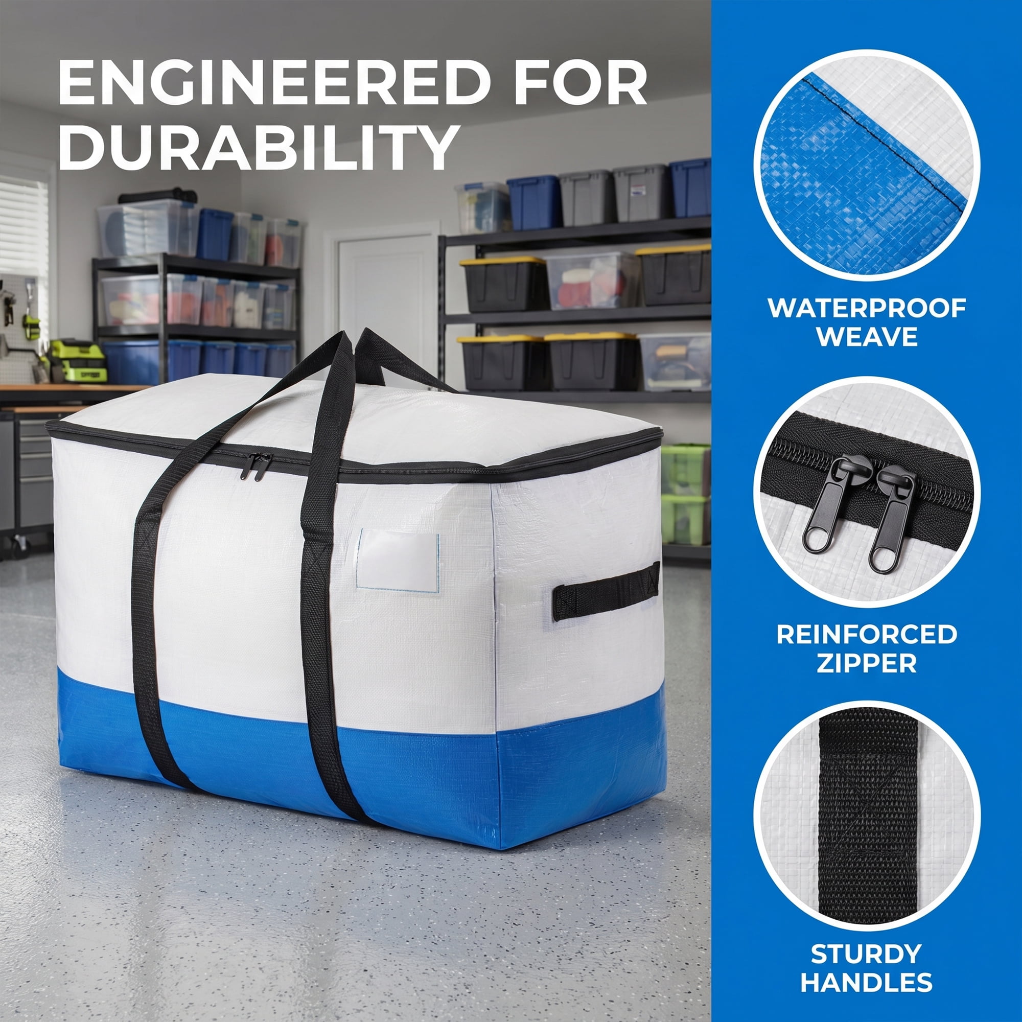 Clothes Storage Foldable Moving Bags for Organizing Clothing White Blue 4Pcs