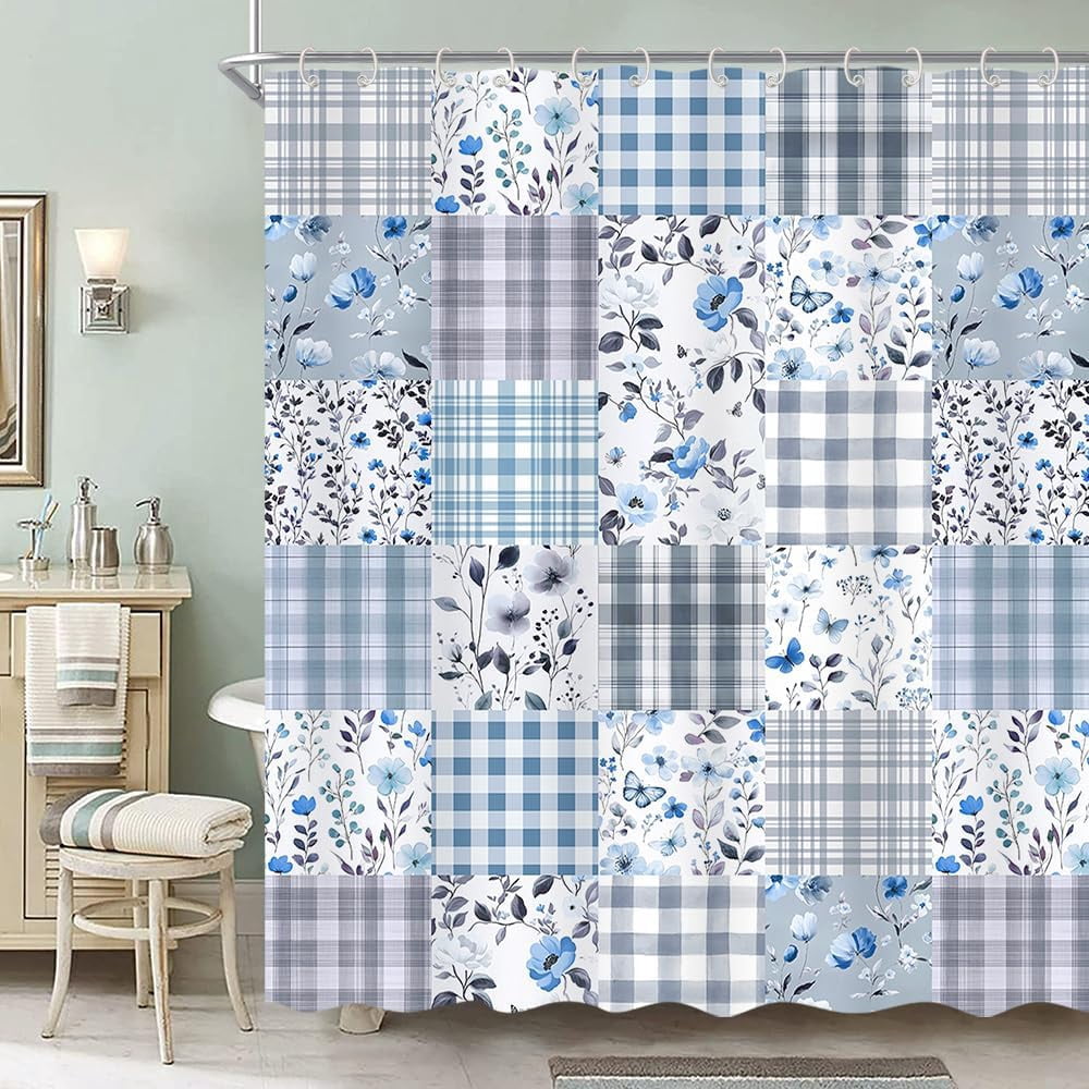 Cute Plaid Floral Shower Curtain, Boho Sage Green Flower Fabric Shower Curtains for Bathroom, Retro Pink Flower Checkered Patchwork Bath Curtain Set Washable Waterproof with 12Hooks 72X72IN