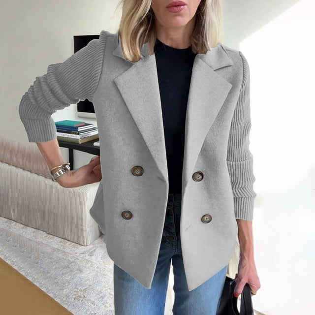 IMENGL Manteau Court à Manches Courtes patchwork Tricoté à Col Rabattu, Gris 2TG, Taille M-5TG
