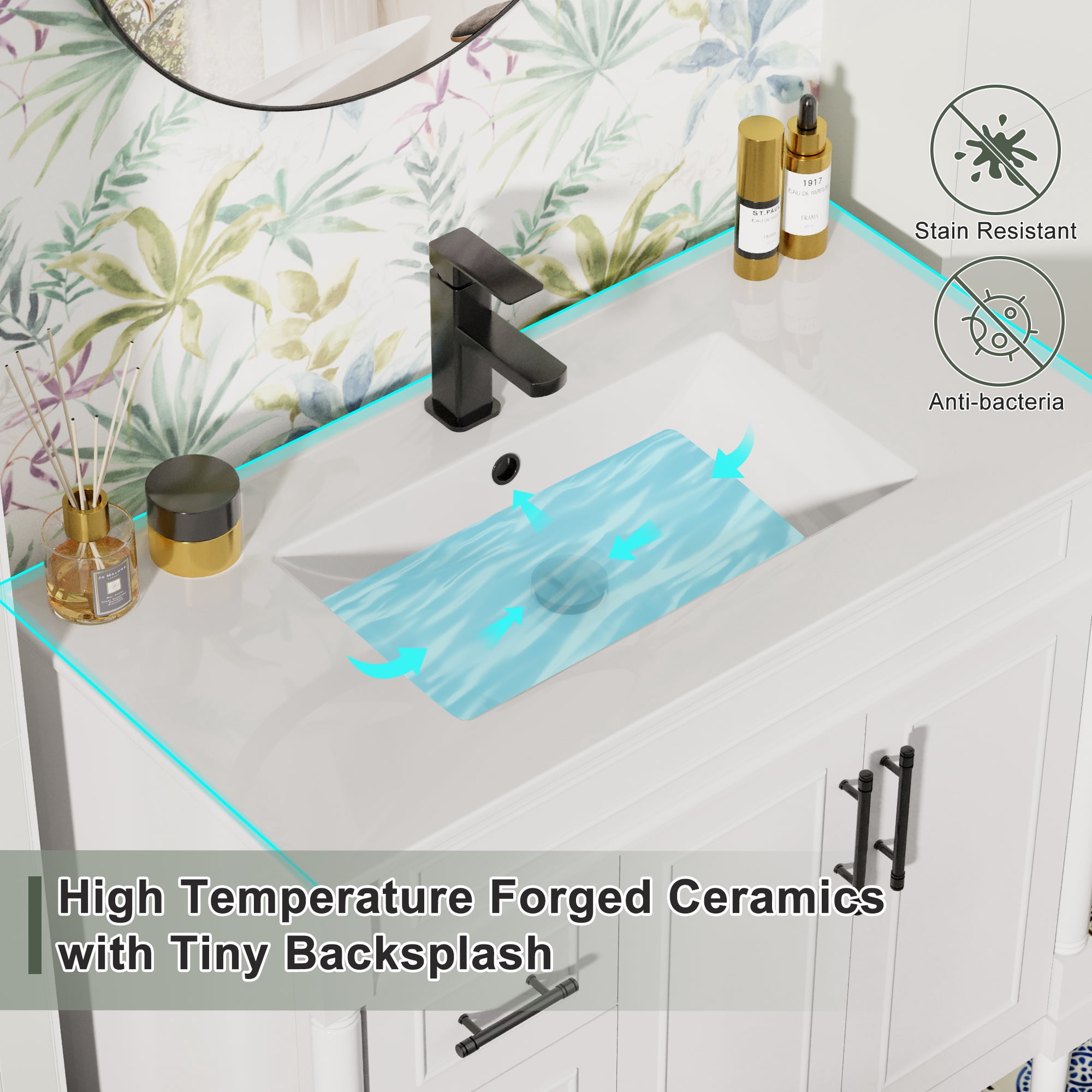 36" Freestanding White Bathroom Vanity with Ceramic Sink Top, Faucet, Classic Tapered legs