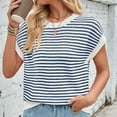 thumbnail image 5 of Elvqul Cotton Tops for Women Round Neck Sweater Blue Pull on Stripe Print Fashion Juniors Short Sleeve Tops, 5 of 7