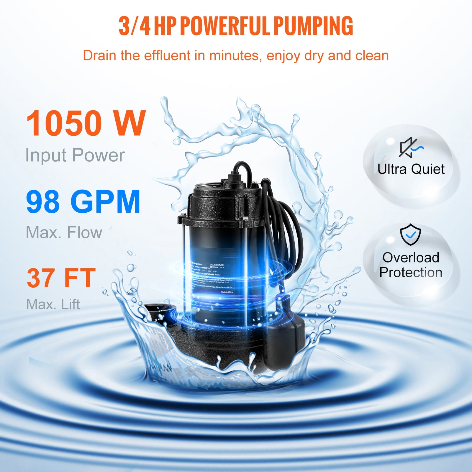 KFFKFF 3/4 HP Submersible Sewage Pump Water Pump, 5880 GPH Cast Iron Sump Pump, Comes with 2" Discharge and 10 ft Tandem Float Switch, Perfect for Septic Systems, Cellars, 1050W
