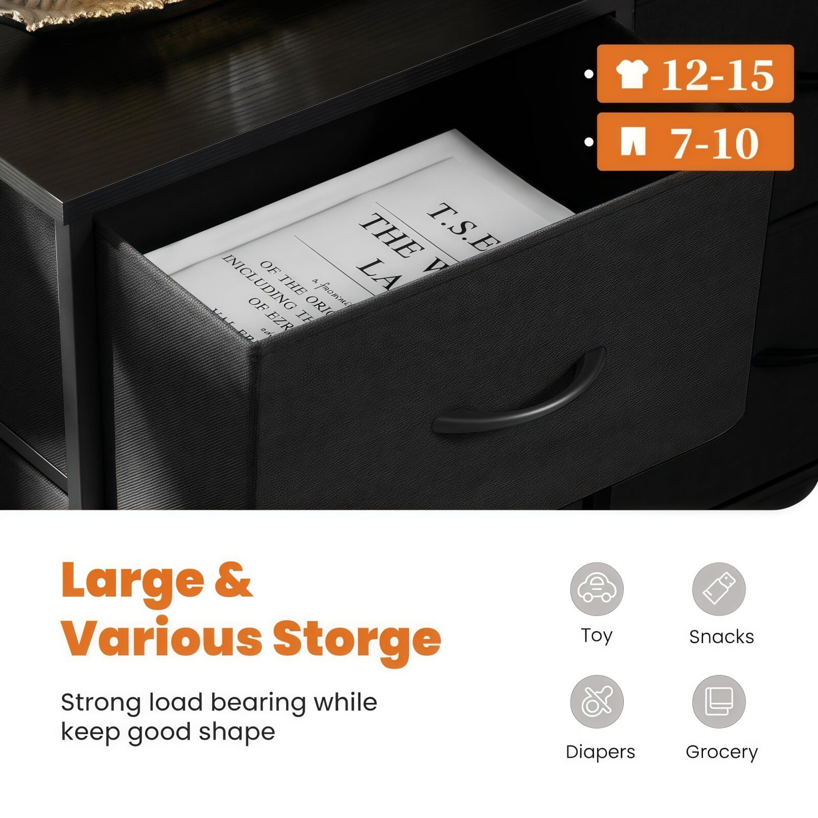 BEAUTYPEAK 8 Drawer Fabric Dresser Bedroom Storage Chest with Wood Top Adjustable Feet, Black