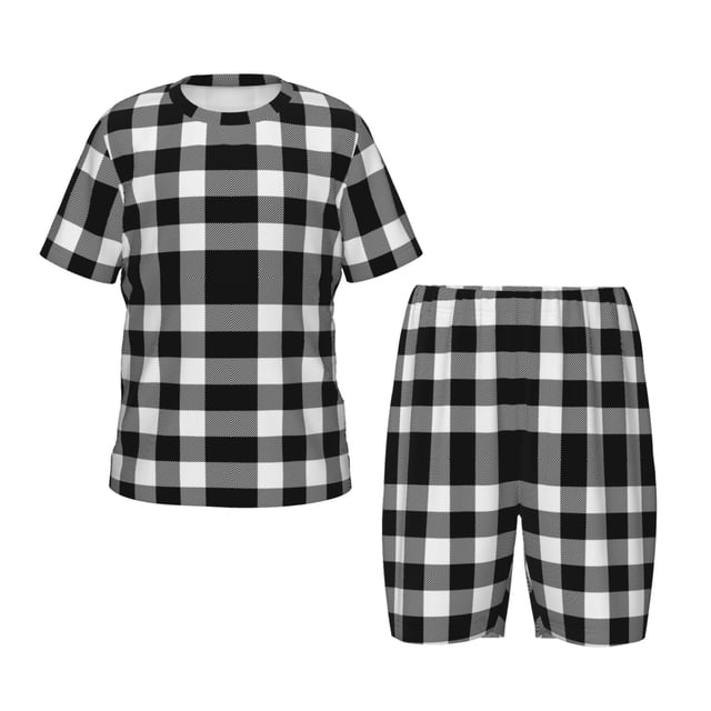 Fotbe White And Black Plaid Pijama Estampada de 2 Piezas para Niños – Ropa de Dormir de Manga Corta Cómoda para Niños y Niñas, Camiseta y Shorts de Algodón-Small