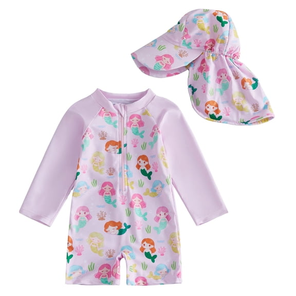 Gunia Baby Swimsuit Girl Summer Boys Rash Guard Bathing Suit Cartoon Print Zipper Long Sleeve Swimwear With Swim Cap Girls One Piece Swimsuits For Beach Pool 0-24 Months