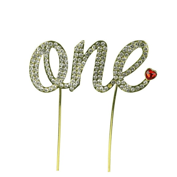 O'Creme Rhinestone-with-Faceted-Red-Heart Gold-Colored Word-One Cake Topper