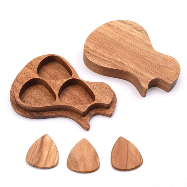 Delicate Wooden Guitar Pick Set Plectrum Storage Holder Case Box with 3pcs Guitar Picks Wood Guitar Accessories