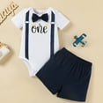 thumbnail image 2 of SRZYMJ Baby First Birthday Outfit Boy Short Sleeve Gentleman One Year Romper + Shorts Cake Smash Bodysuit Set Navy 6-9 Months, 2 of 9