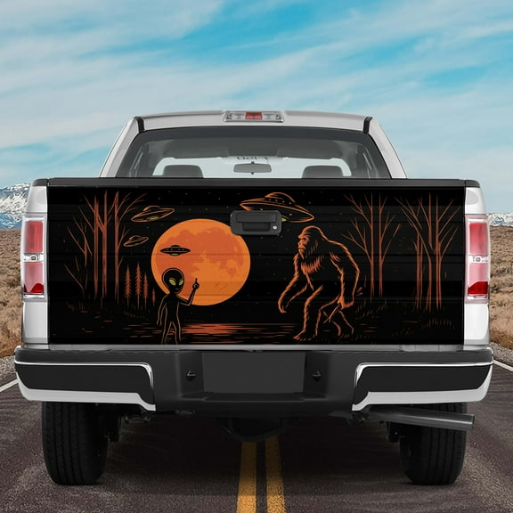 Lotusprinthandmade Mysterious UFO Bigfoot Tailgate Wrap 2 Sizes (24"x58"), ufo bigfoot truck decal, funny cryptid ufo tailgate cover