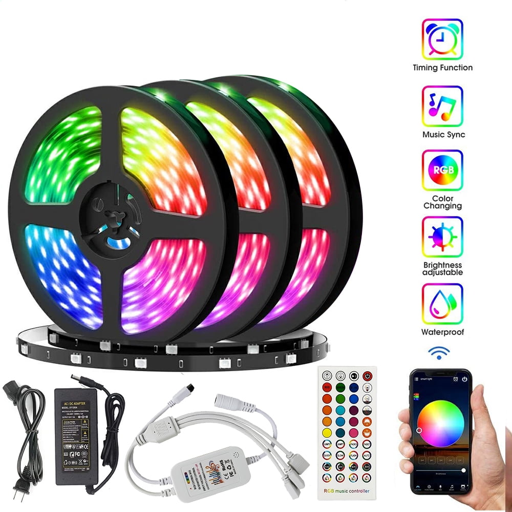 50ft/15M LED Strip Lights, Waterproof Led Lights Music Sync Color Changing Rope Lights SMD 5050 LEDs RGB Light Strips with Bluetooth Controller Apply for TV, Bedroom, and Home Decoration -