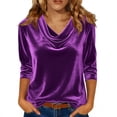 thumbnail image 3 of TaTaai Women's Solid Color Golden Velvet Drape Pleated Collar Three Quarter Sleeve Blouses, Elegant Temperament Commute All Match Slim Tops Gift, 3 of 8
