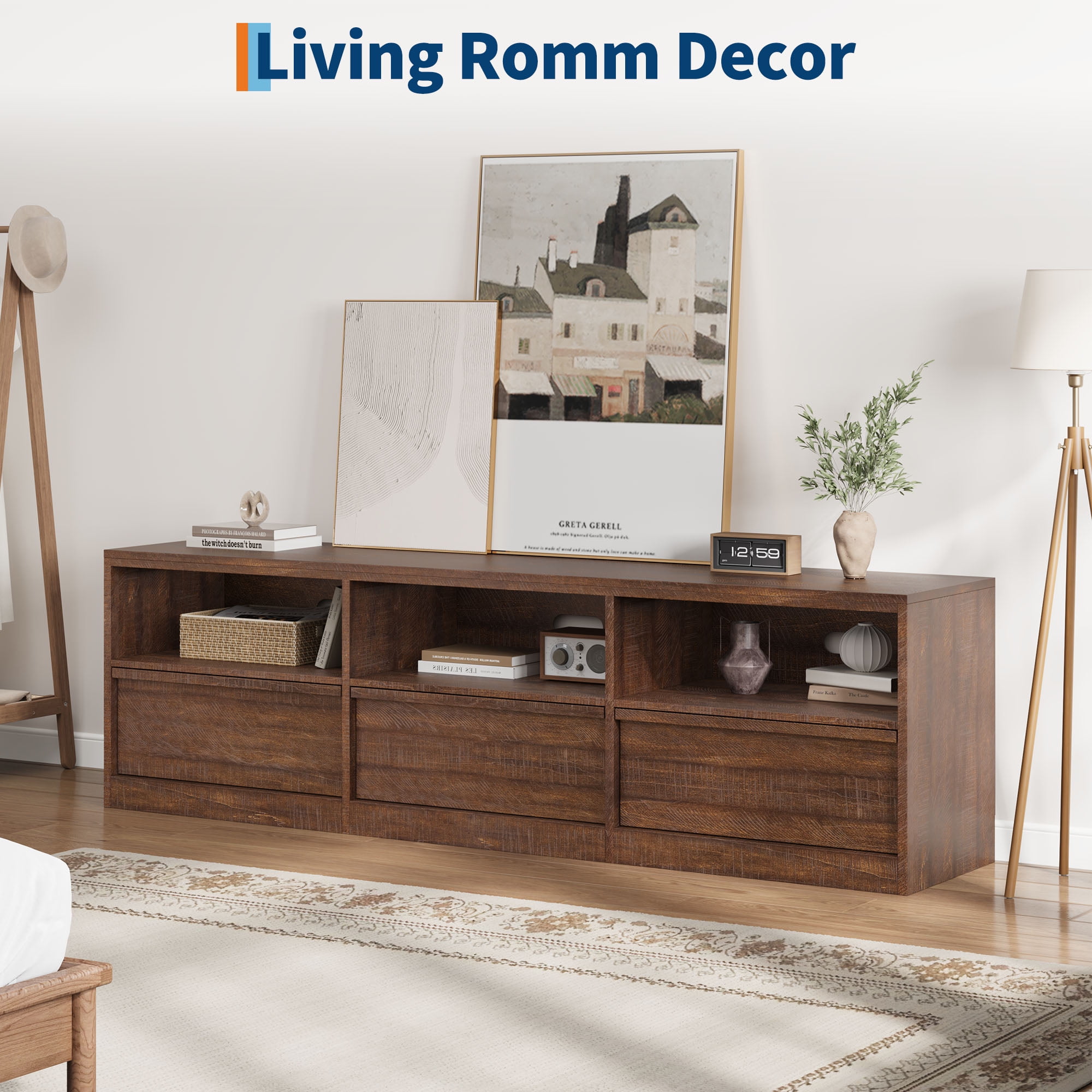 Modern TV Stand with Storage for TVs Up to 85", 70 inch Media Console with Drawer & Open Shelves, Mid Century Entertainment Center for Living Room, Brown