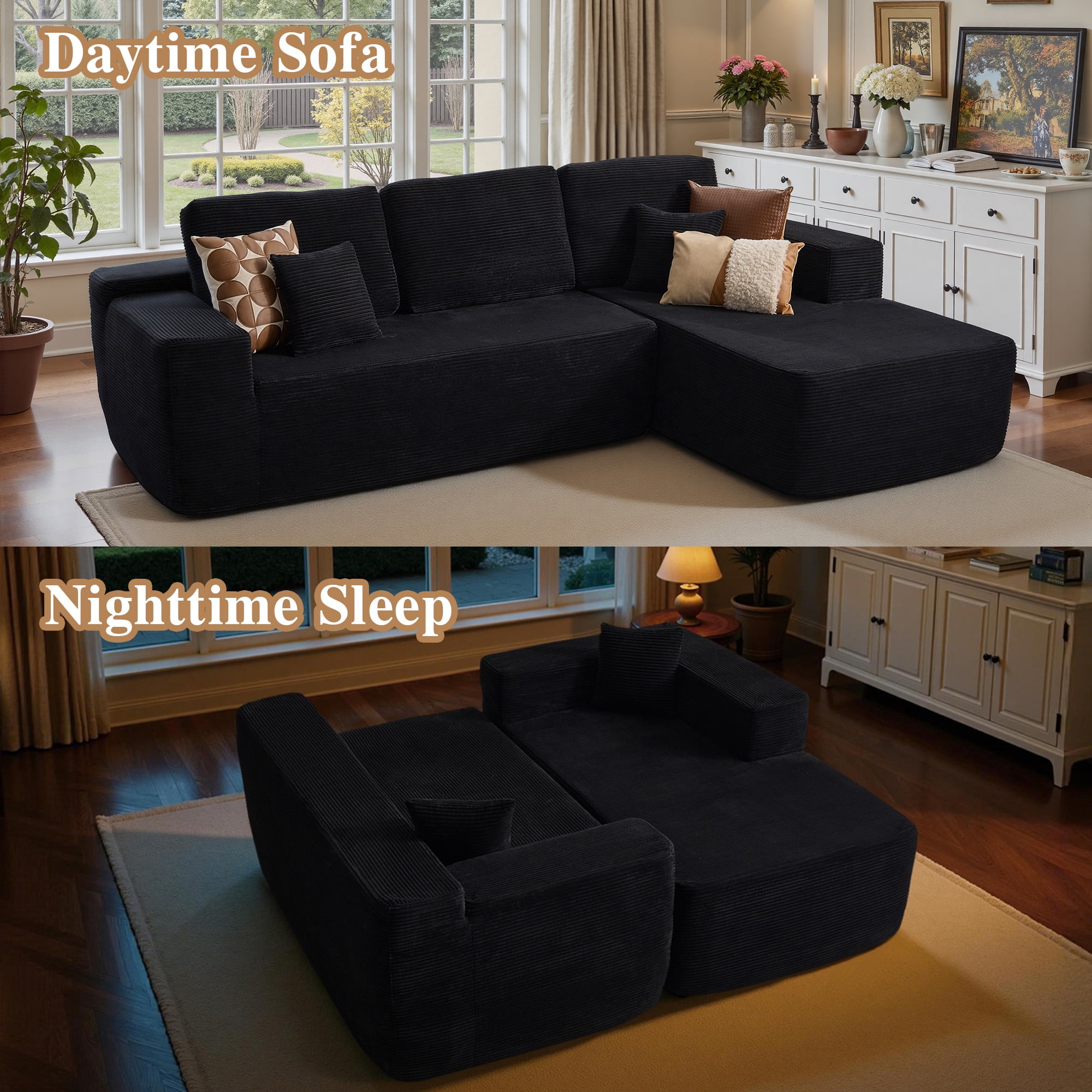 Ovios 106" Cloud Sofa Couch No Assembly Boneless Deep Seat Sofa for Living Room, Black (Corduroy)