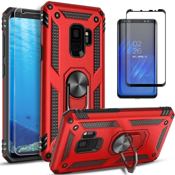 Samsung Galaxy S9 Plus Case, With [Tempered Glass Screen Protector Included], STARSHOP Drop Protection Ring Kickstand Cover- Red