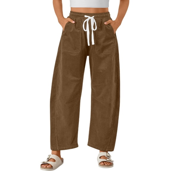 Women's Casual Wide Leg Pants, Elastic Waist Drawstring, Solid Color Straight Leg Lounge Trousers with Pockets for Comfort and Daily Wear,Light Brown,2XL