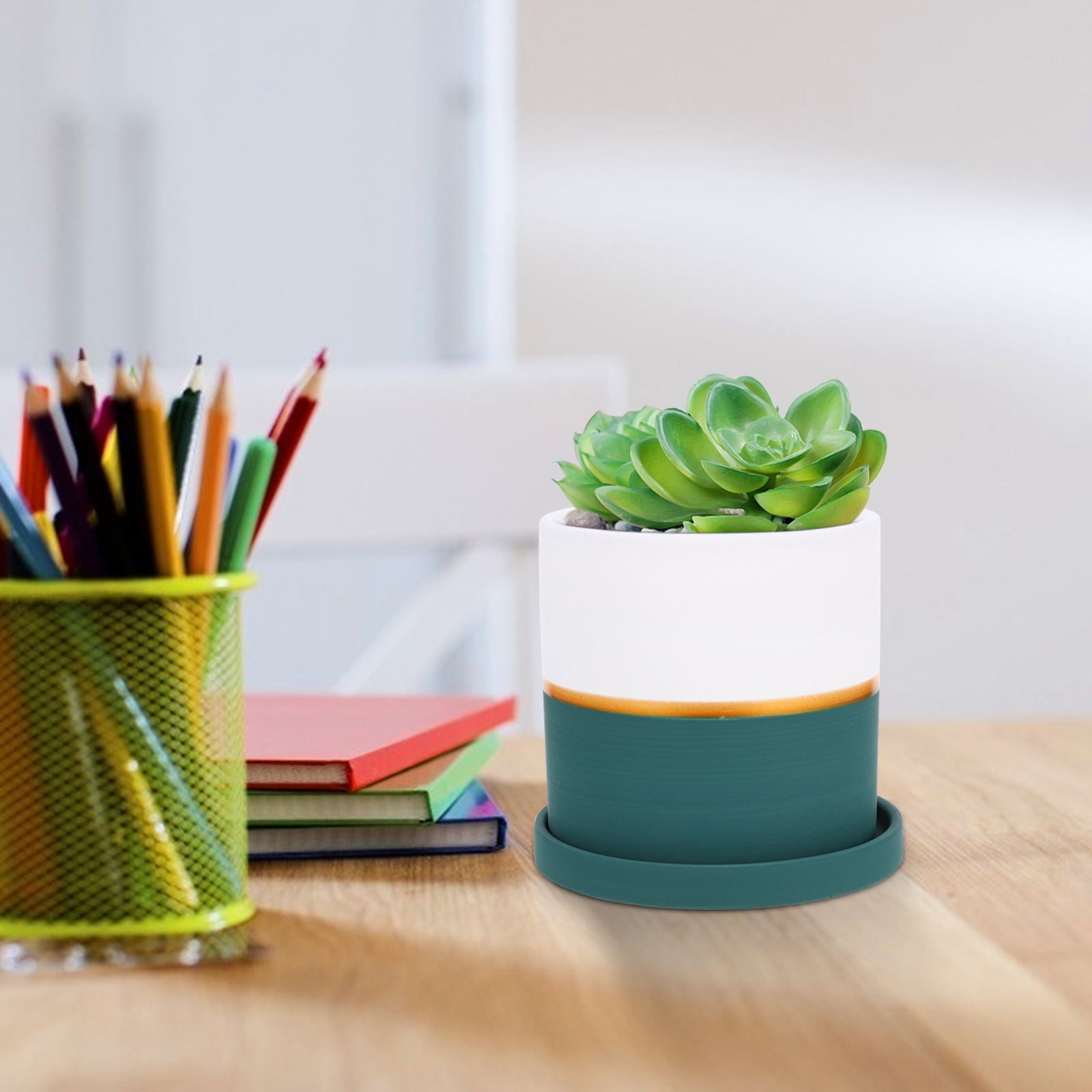 SKISUNO Green Ceramic Succulent Plant Pot with Tray for Flower Planting and Home Decoration