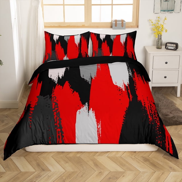 Erosebridal Housse de Couette Moderne Abstraite Simple, Literie Art Aquarelle Taille Simple, Rouge Noir, Réversible 2 Pcs (Sans Couette)
