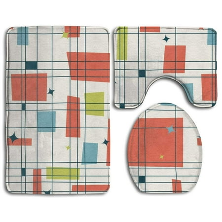 CHAPLLE Abstract Mid Century Modern Grid 3 Piece Bathroom Rugs Set Bath Rug Contour Mat and Toilet Lid
