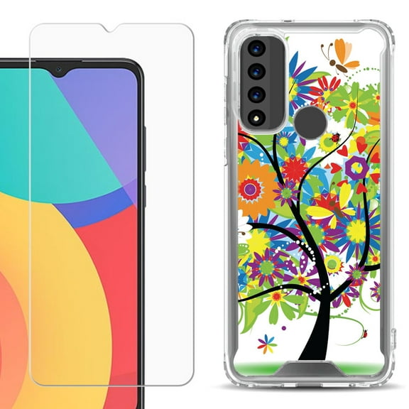 Shockproof Bumper Phone Case for TCL 20 XE, with Tempered Glass Screen Protector, by OneToughShield ® - Colorful Tree