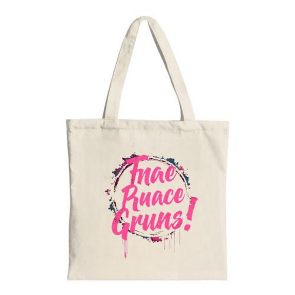 Stylish Canvas Tote Bag with bold " ¡Nueva Rúcae Gruns " in pink surrounded by a vibrant circular pattern on a light beige background