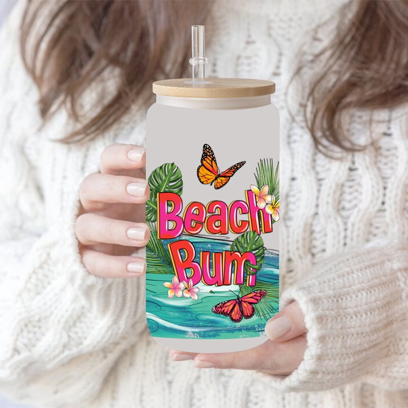 UV DTF Transfer Sticker Summer Beach Tree For The 16oz Libbey Glasses Wraps Bottles Cup Can DIY Waterproof Custom Decals D6993