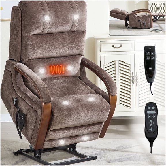 Power Lift Recliner Chair with Heat and Massage, Brown Chenille Upholstery, Dual Motor Infinite Position Reclining for Elderly, 350lbs Capacity