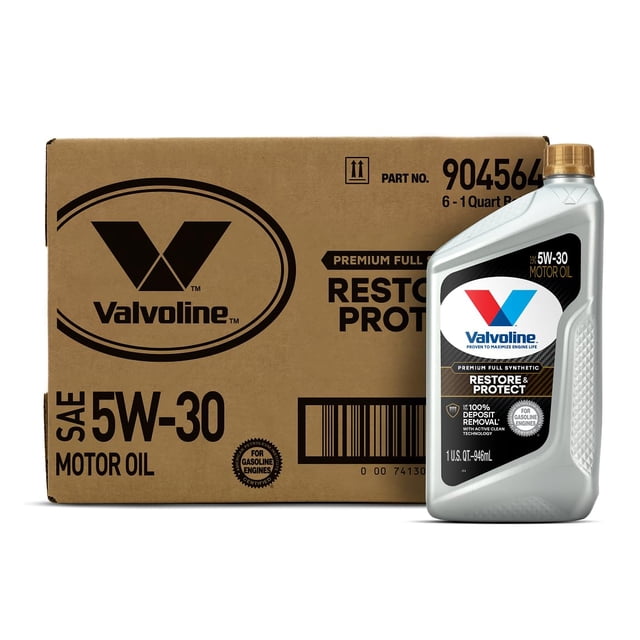 aceite de motor valvoline restore & protect 5w-30, caja de 6 unidades, 1 litro Envase plástico gris de 1 L con etiqueta Valvoline y marcado 5W-30 en primer plano delante de una caja de cartón marrón con logo Valvoline y texto 5W-30; vista frontal con ligero ángulo y fondo blanco. Adecuado como botella individual para llevar repuestos de aceite al taller.