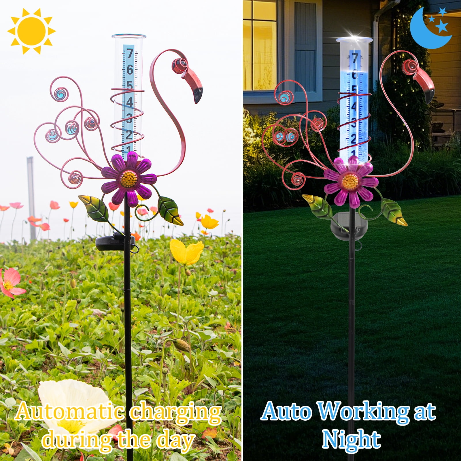 Solar Rain Gauge Waterproof Flamingo Rain Gauge With LED Light For Patio, Path And Garden Decoration, Outdoor Decoration