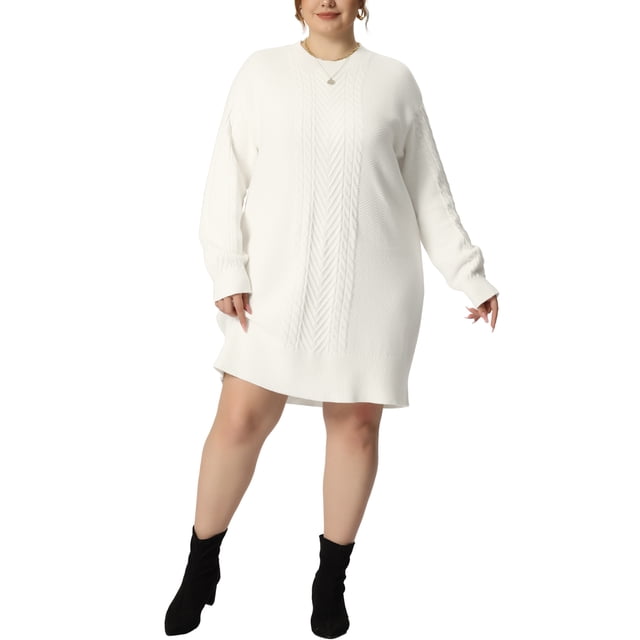 GRACE & GRANDEUR Robe Chandail Grande Taille pour Femmes Manches Longues Tricot Chandail Court Robes Chandail Blanc 4X