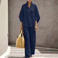 thumbnail image 2 of Women's Waffle Sets 2 Piece Batwing Sleeve Button Down Shirt Pants Outfit Casual Summer Vacation Clothing Navy XL, 2 of 7