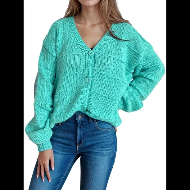 Suéter Tipo Cárdigan con Botones para Mujer, de Otoño, Holgado e Informal, de Punto Azul y Verde S