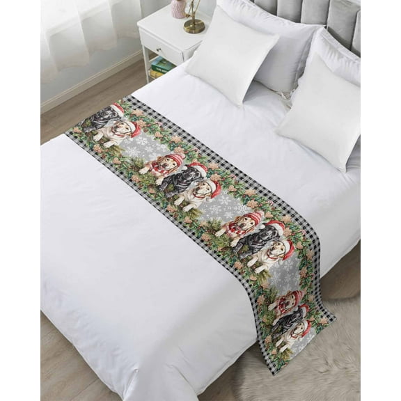 Xipuska Christmas Dog Bed Runners for Cal King Size Bed, Decorative Bed Throws for Foot of Bed, Winter Xmas Gingerbread Snowflakes Grey Bed Runner Sofa Throw Bedding Scarf Slipcover for Bedroom