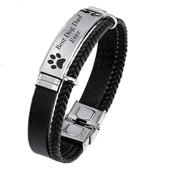 Customized Gifts for Pet Lover Best Dog Dad Bracelet Personalized Name Leather Bangle for Dogfather Pet Owner Jewelry Gifts for Boyfriend Husband, 8.26 inches