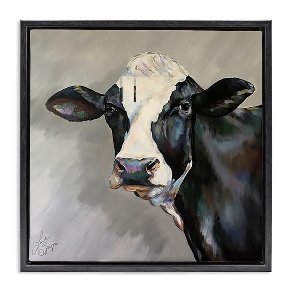 Stupell Industries Rustic Lodge Belle Black and White Cow Black Floating Frame Canvas Art, 18 x 18, by Linda Sperruzzi