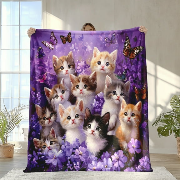 Cute Kitten and Floral Butterfly Print Flannel Throw Blanket Quilted Machine Washable All Season Multipurpose Knit Fantasy Themed Wrap with for Napping Camping Travel Office Home Decor