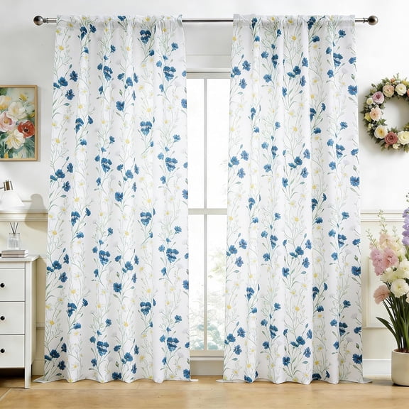 Floral Curtains 63 Inches Long for Living Room 2 Panels Printed Pattern Curtain Rod Pocket Spring Summer Watercolor Blue and White Floral Window Drapes for Girls Bedroom, 52" W x 63" L