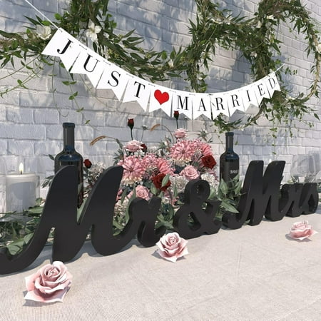 Large White Wooden Mr & Mrs Sign with Just Married Banner White Sweetheart Table Decorations & Photo Props for Anniversary Parties